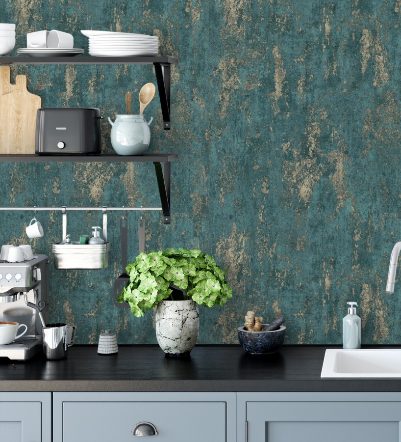 Papel pintado mineral pátina metálica oro fondo verde esmeralda   Calgary Steel 685229