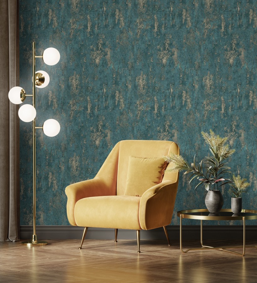 Papel pintado mineral pátina metálica oro fondo verde esmeralda   Calgary Steel 685229