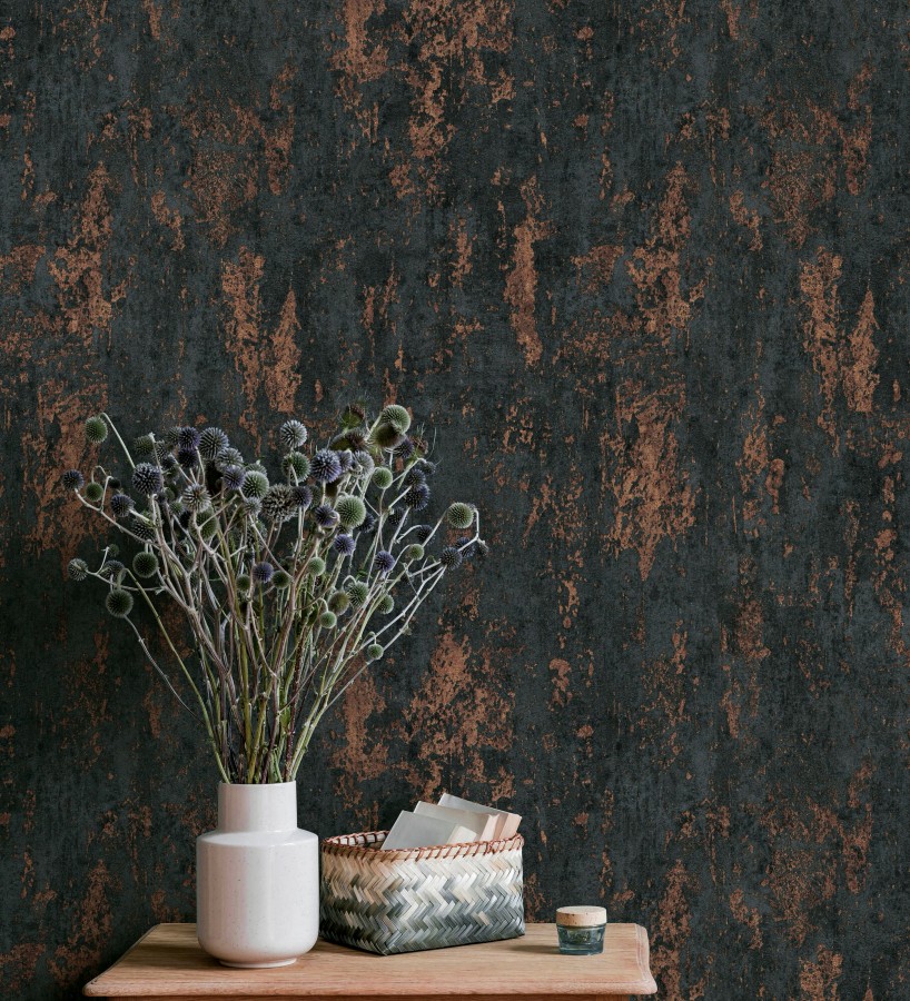 Papel pintado mineral pátina metálica cobre fondo negro carbón   Calgary Steel 685231