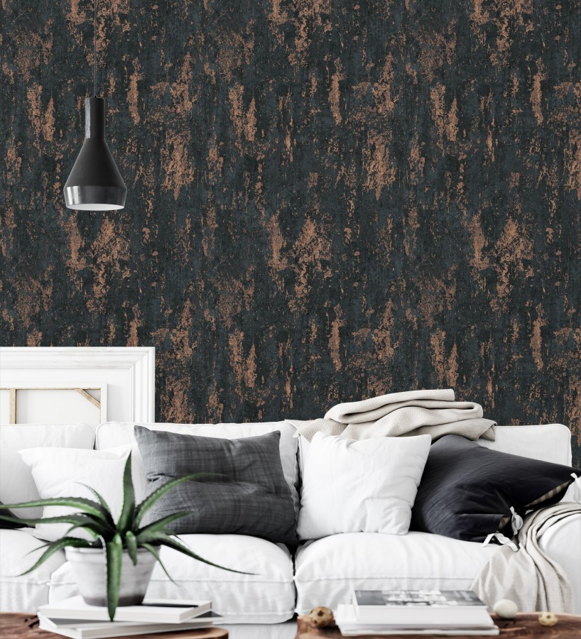 Papel pintado mineral pátina metálica cobre fondo negro carbón   Calgary Steel 685231