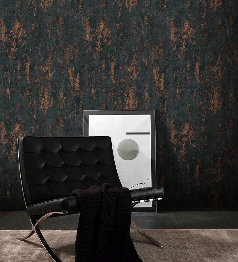 Papel pintado mineral pátina metálica cobre fondo negro carbón   Calgary Steel 685231