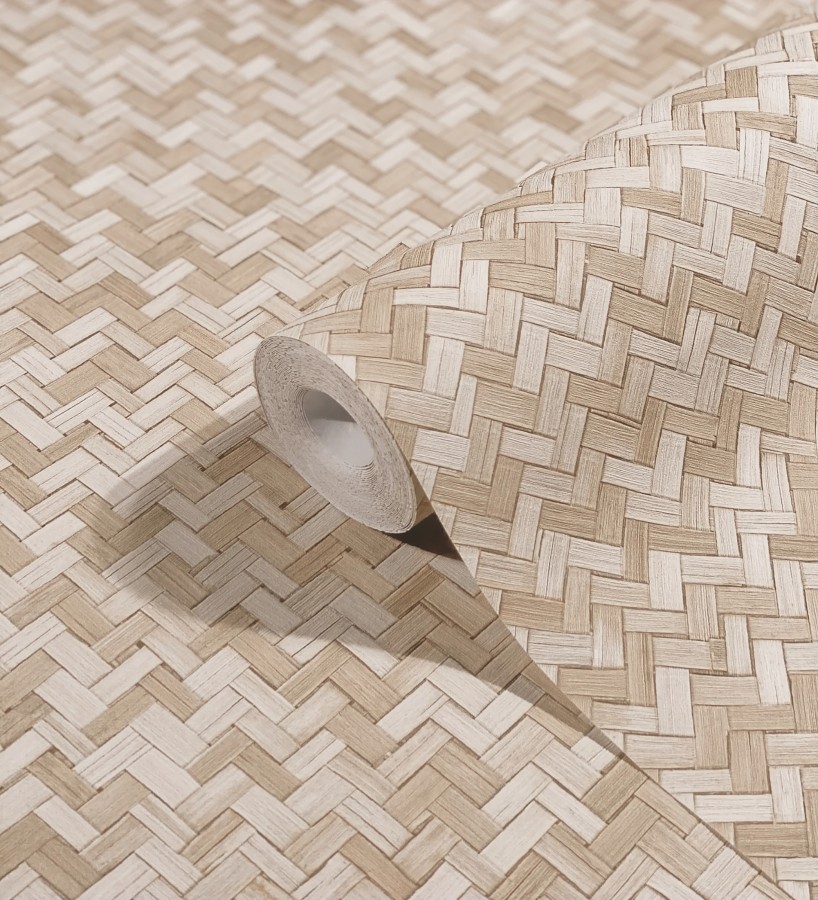Papel pintado efecto ratán bambú beige trenzado espiga  Savile Rattan 685239
