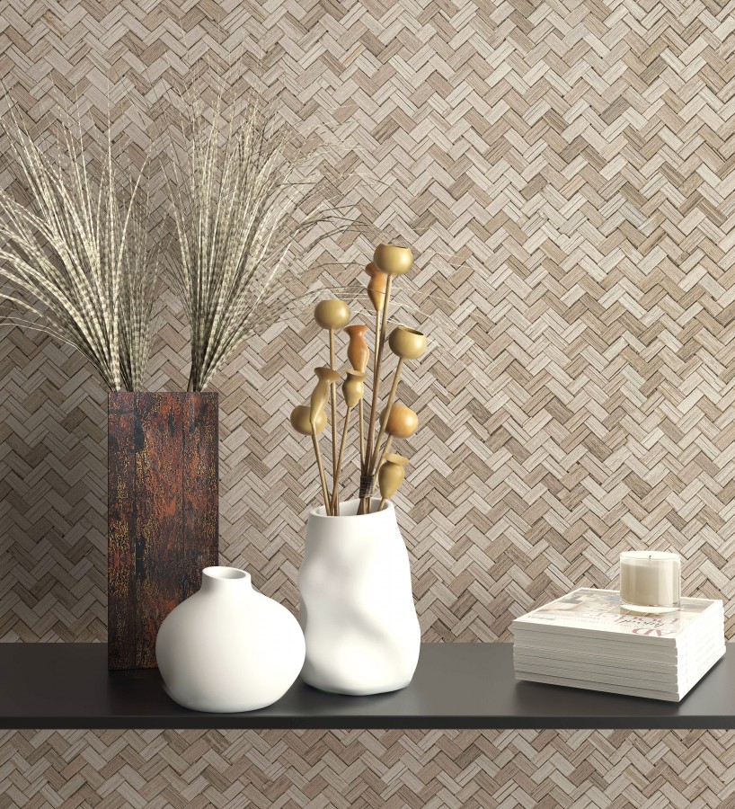 Papel pintado efecto ratán bambú beige trenzado espiga  Savile Rattan 685239