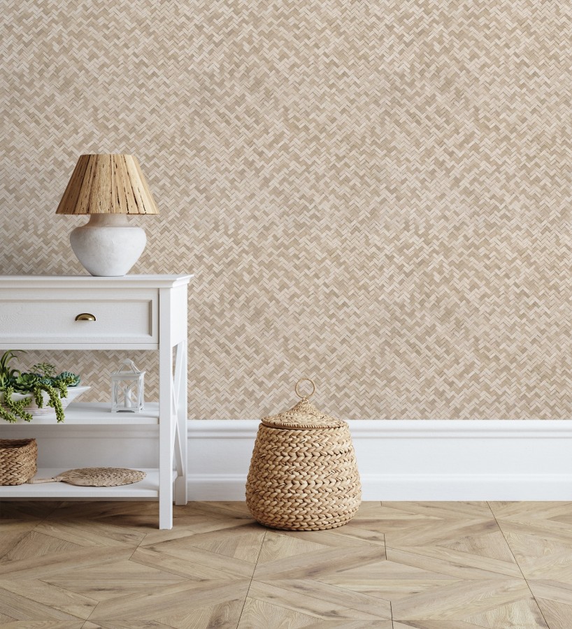 Papel pintado efecto ratán bambú beige trenzado espiga  Savile Rattan 685239