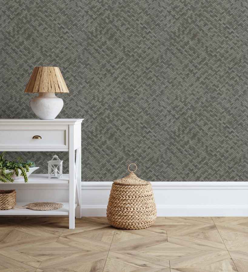 Papel pintado efecto ratán bambú antracita trenzado espiga  Savile Rattan 685240