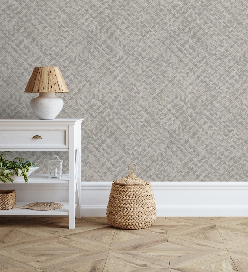 Papel pintado efecto ratán bambú gris visón trenzado espiga  Savile Rattan 685241