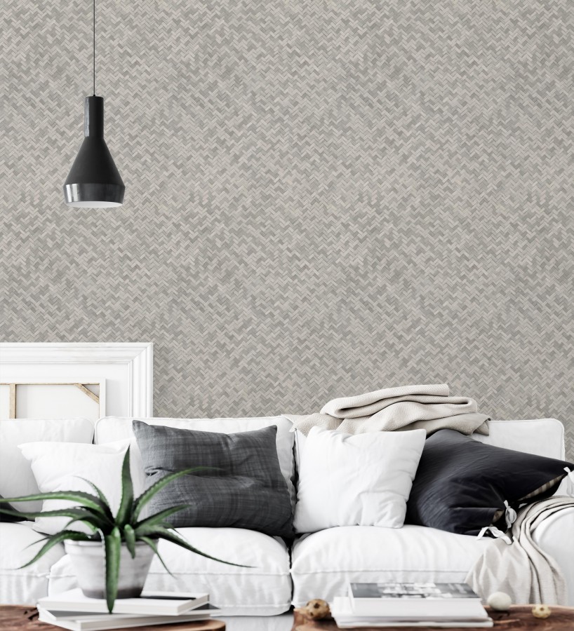 Papel pintado efecto ratán bambú gris visón trenzado espiga  Savile Rattan 685241