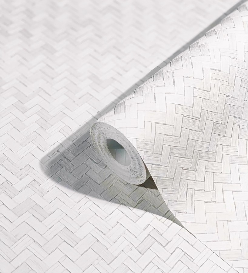 Papel pintado efecto ratán bambú blanco trenzado espiga  Savile Rattan 685242