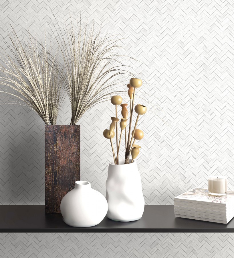 Papel pintado efecto ratán bambú blanco trenzado espiga  Savile Rattan 685242