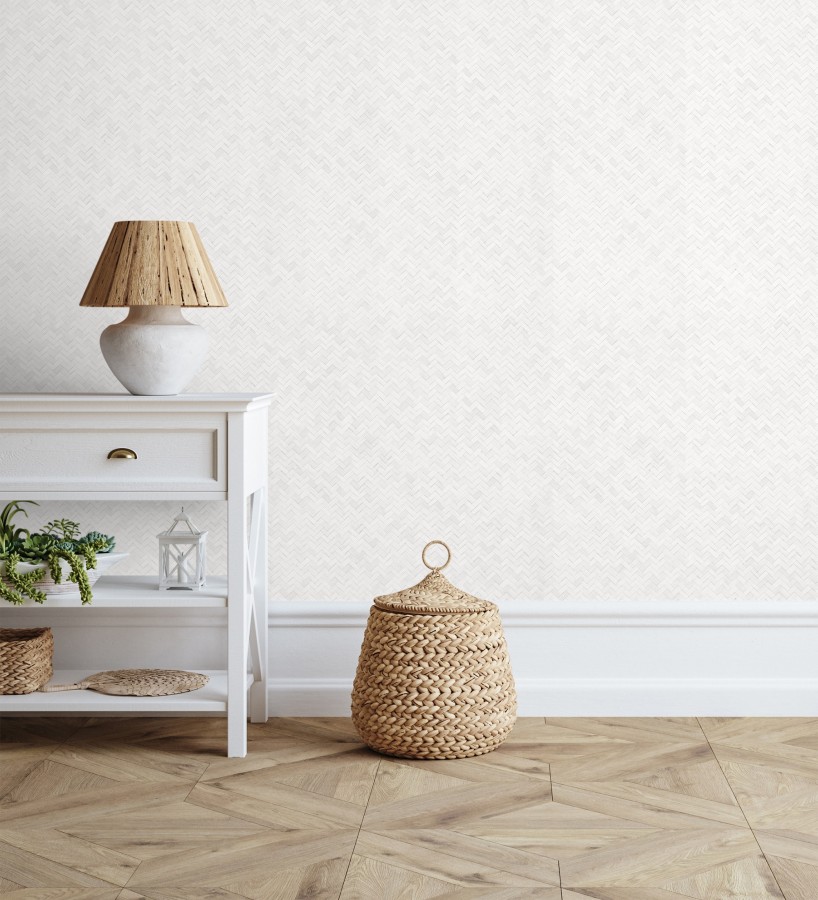 Papel pintado efecto ratán bambú blanco trenzado espiga  Savile Rattan 685242