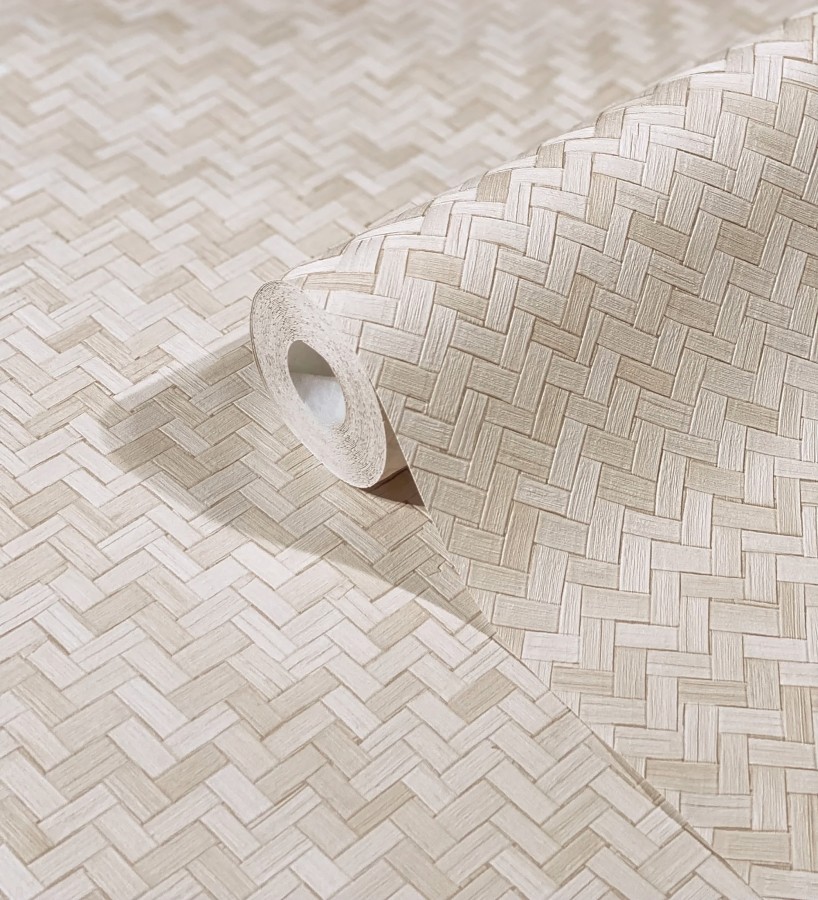 Papel pintado efecto ratán bambú tono nude trenzado espiga  Savile Rattan 685243