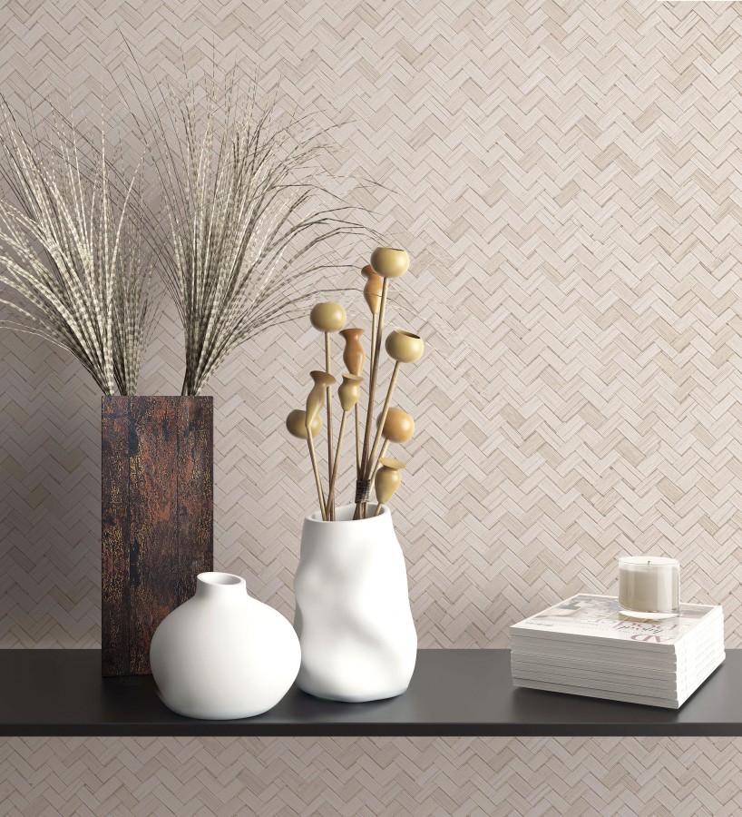 Papel pintado efecto ratán bambú tono nude trenzado espiga  Savile Rattan 685243
