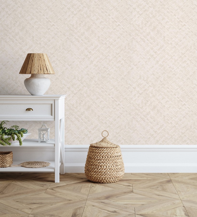 Papel pintado efecto ratán bambú tono nude trenzado espiga  Savile Rattan 685243
