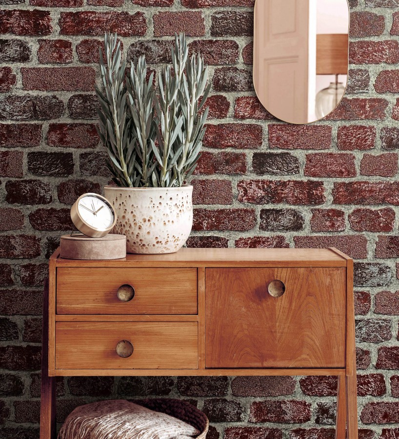 Papel pintado muro de ladrillos rojo granate relieve y tacto arenoso  Salem Brick 685247
