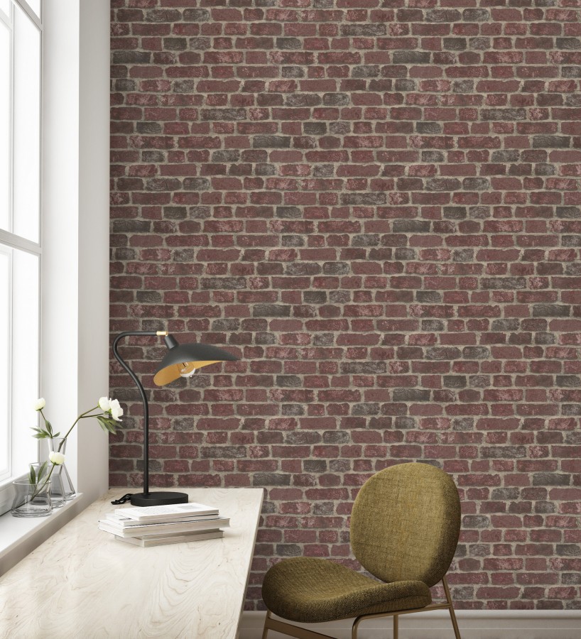 Papel pintado muro de ladrillos rojo granate relieve y tacto arenoso  Salem Brick 685247