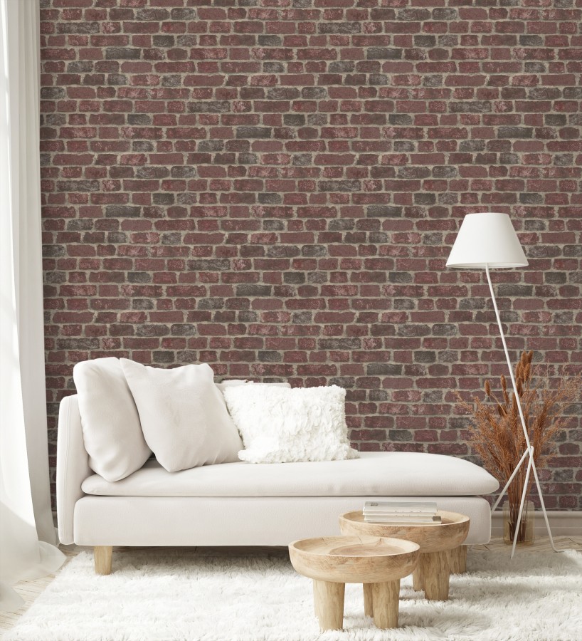 Papel pintado muro de ladrillos rojo granate relieve y tacto arenoso  Salem Brick 685247