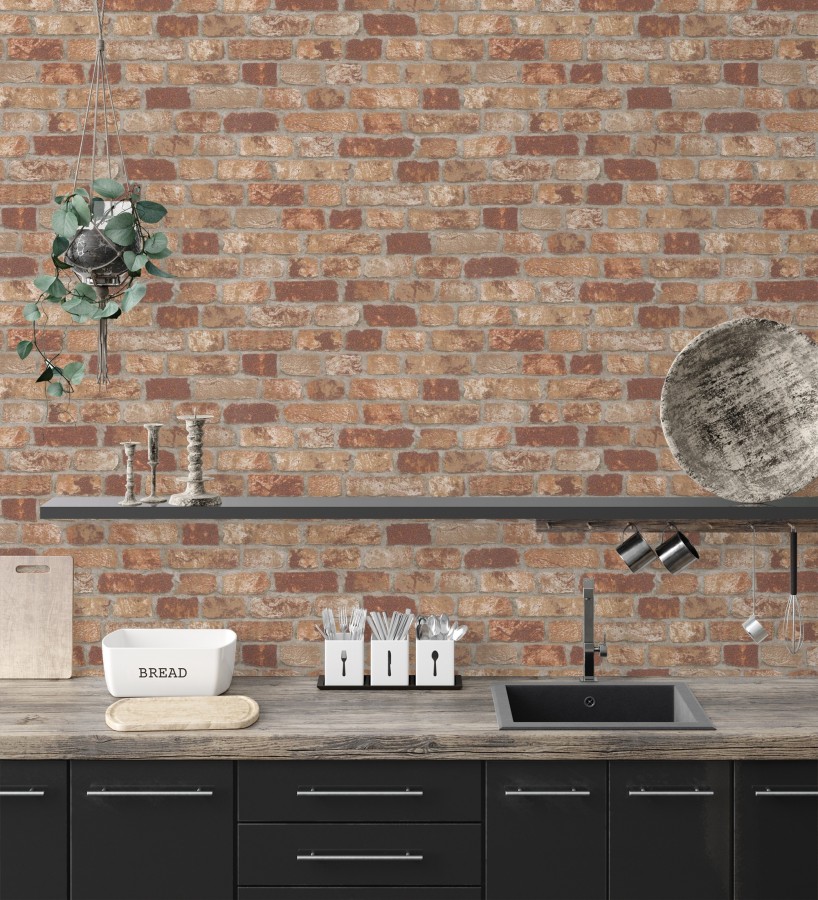 Papel pintado muro de ladrillos tono terracota relieve y tacto arenoso  Salem Brick 685248