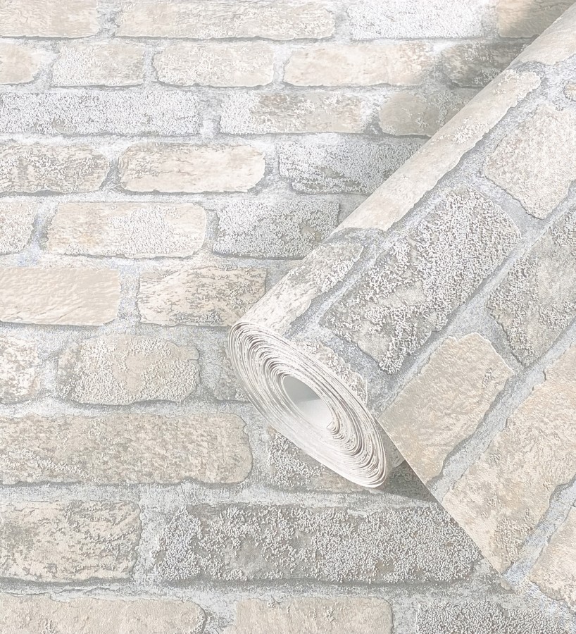 Papel pintado muro de ladrillos gris y beige relieve y tacto arenoso  Salem Brick 685250