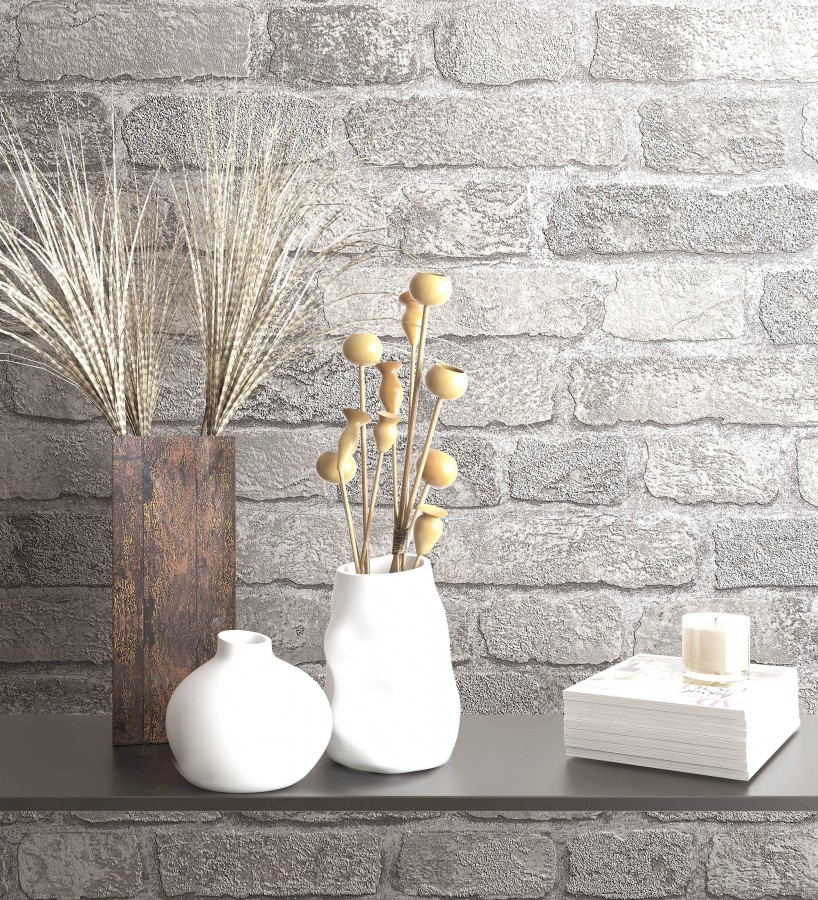 Papel pintado muro de ladrillos gris y beige relieve y tacto arenoso  Salem Brick 685250