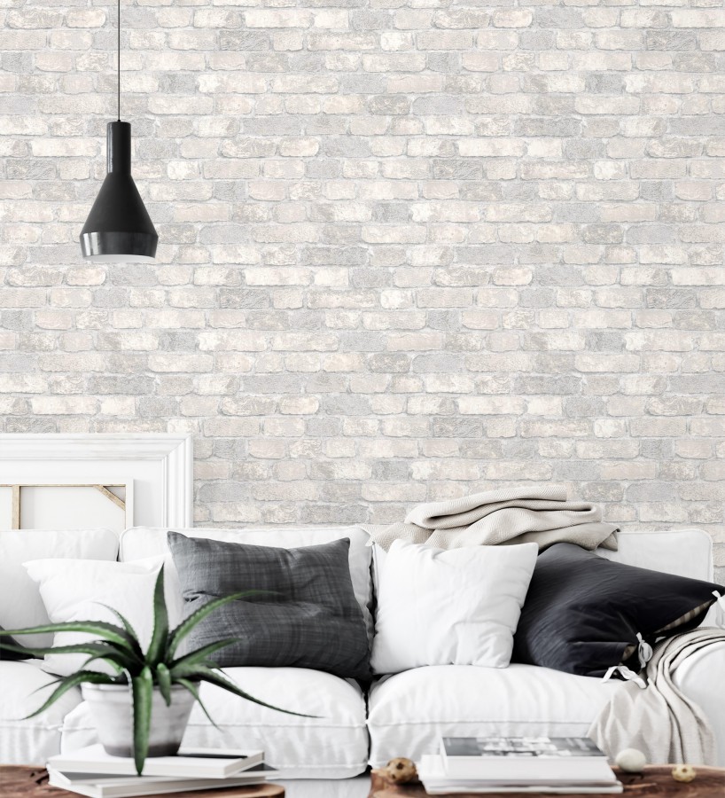 Papel pintado muro de ladrillos gris y beige relieve y tacto arenoso  Salem Brick 685250