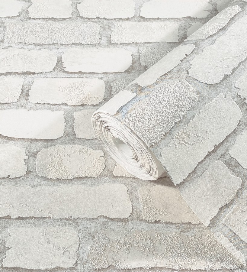 Papel pintado muro de ladrillos blanco roto relieve y tacto arenoso  Salem Brick 685251