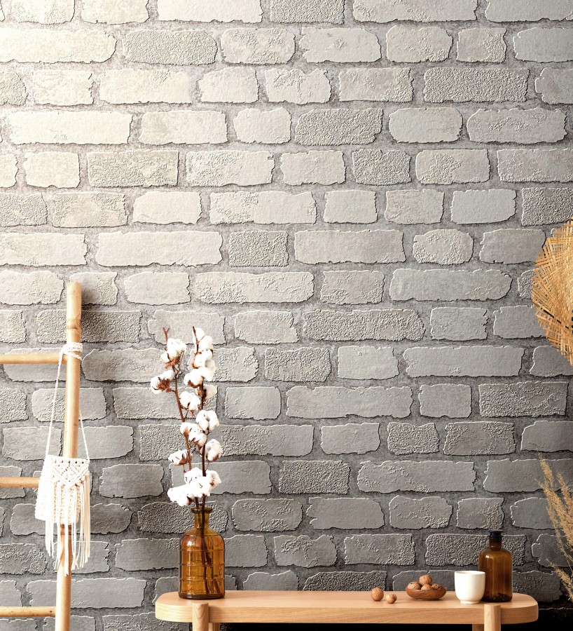 Papel pintado muro de ladrillos blanco roto relieve y tacto arenoso  Salem Brick 685251