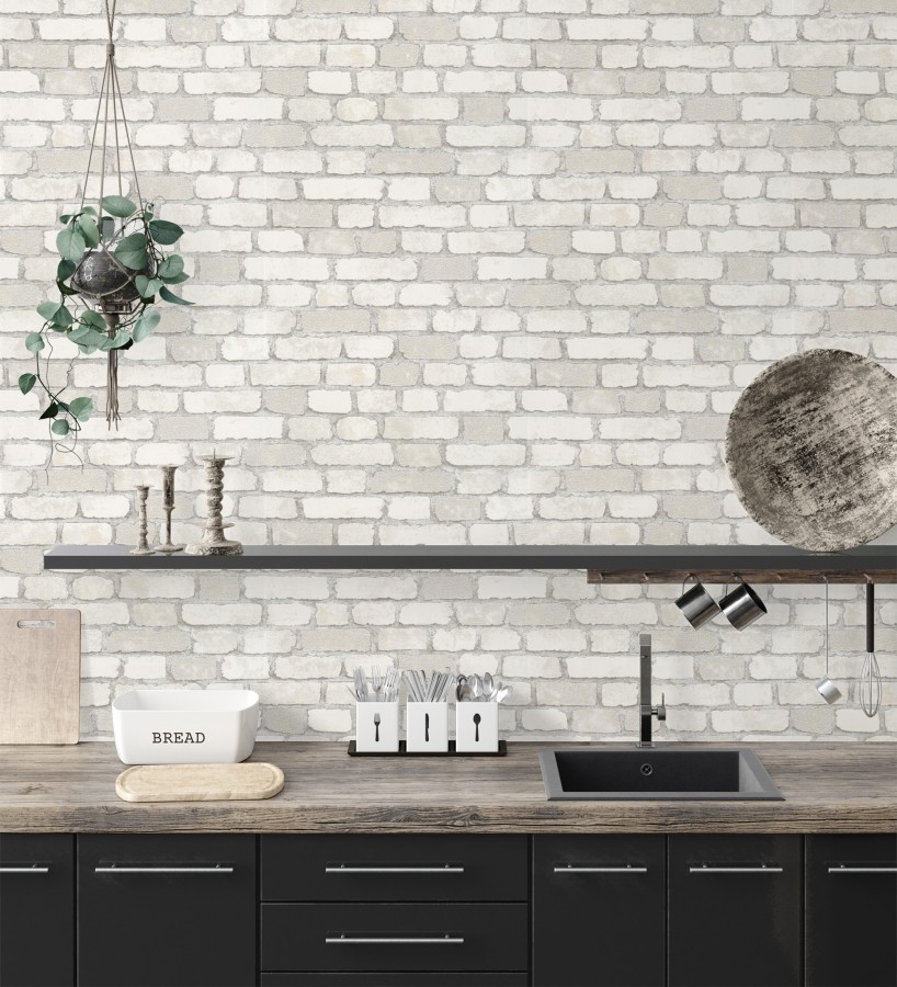 Papel pintado muro de ladrillos blanco roto relieve y tacto arenoso  Salem Brick 685251