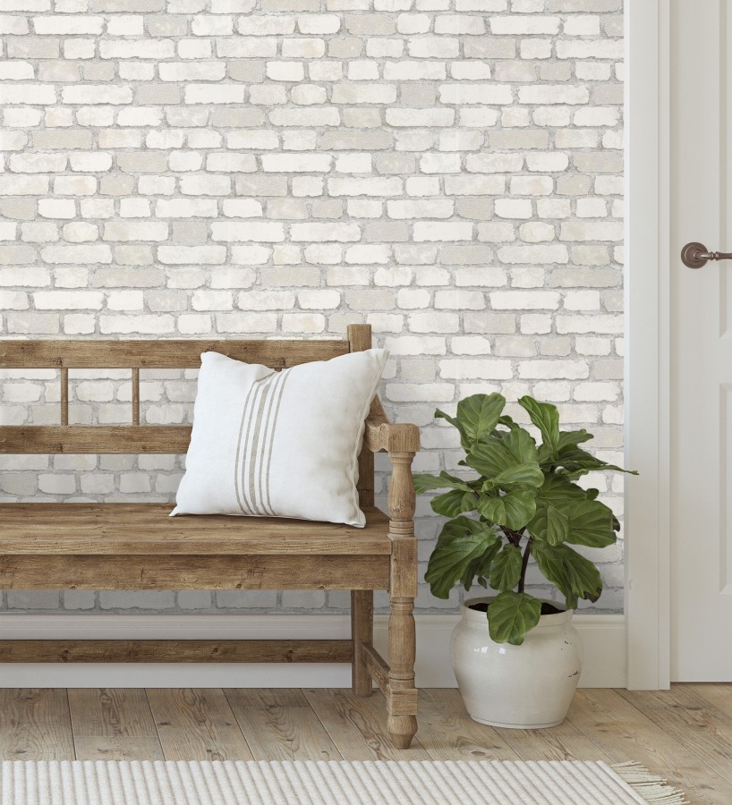 Papel pintado muro de ladrillos blanco roto relieve y tacto arenoso  Salem Brick 685251