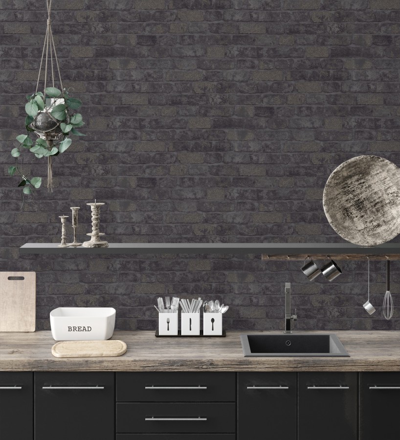 Papel pintado muro de ladrillos tono antracita relieve y tacto arenoso  Salem Brick 685252