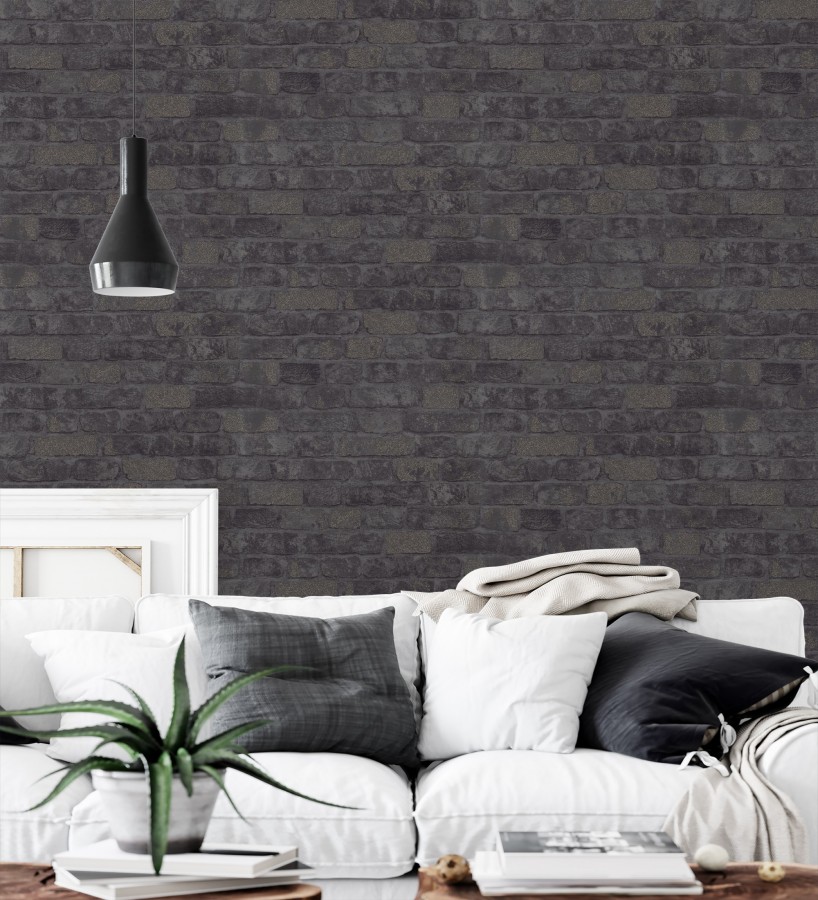 Papel pintado muro de ladrillos tono antracita relieve y tacto arenoso  Salem Brick 685252