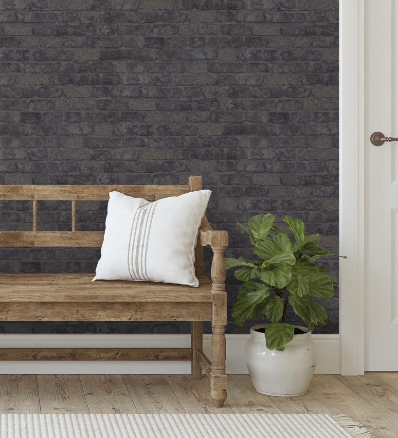 Papel pintado muro de ladrillos tono antracita relieve y tacto arenoso  Salem Brick 685252