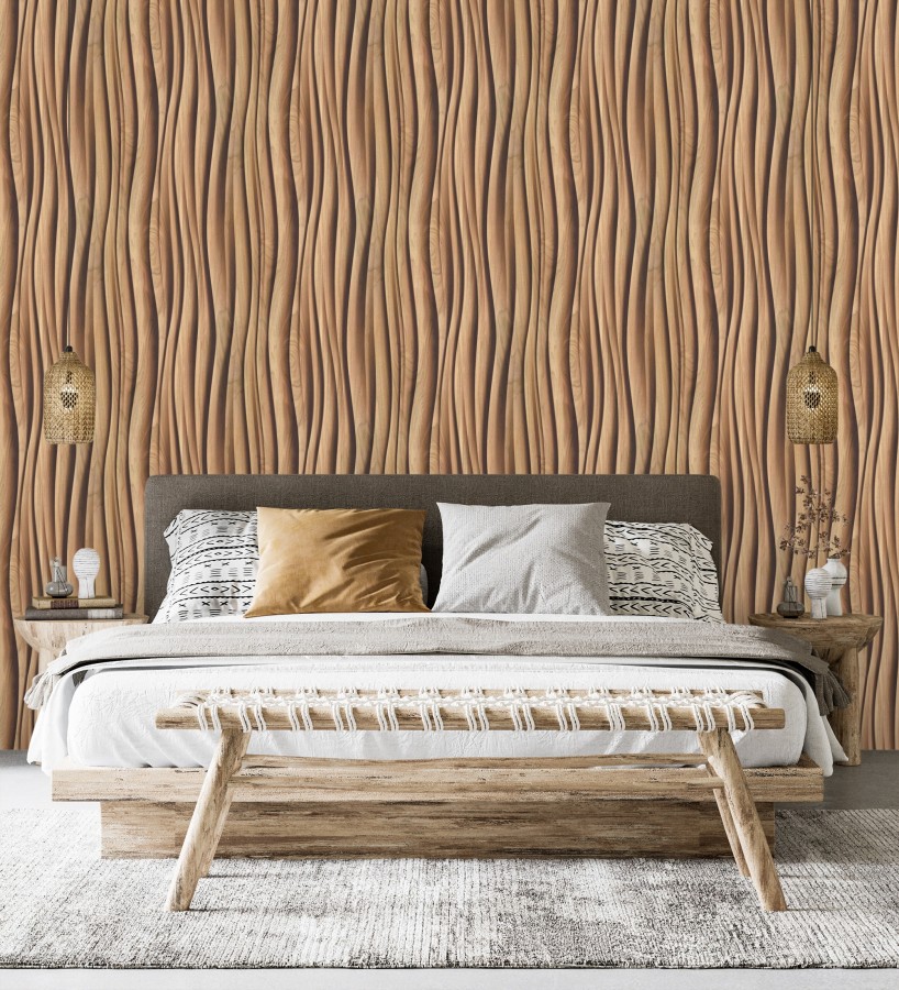 Papel pintado madera de Teca 3D ondas de fresno natural moderno  Kobe Drift 685257