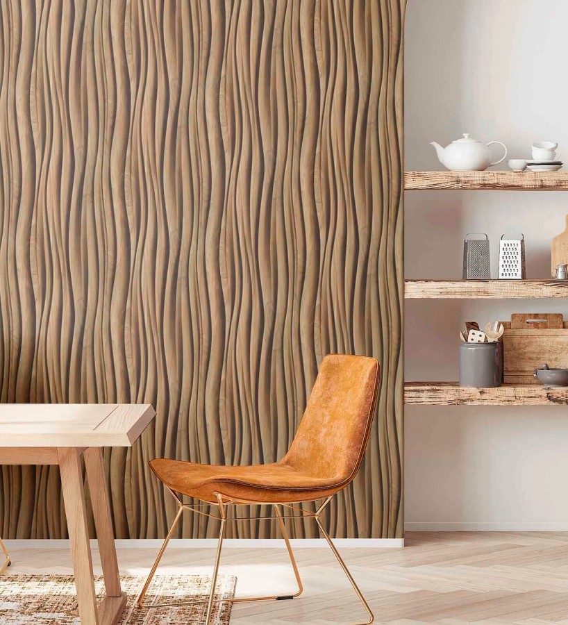 Papel pintado madera de Teca 3D ondas de fresno natural moderno  Kobe Drift 685257