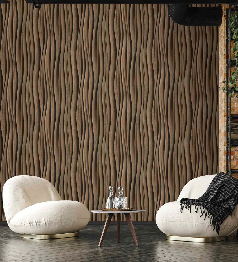 Papel pintado madera wengué 3D ondas de fresno natural moderno  Kobe Drift 685258