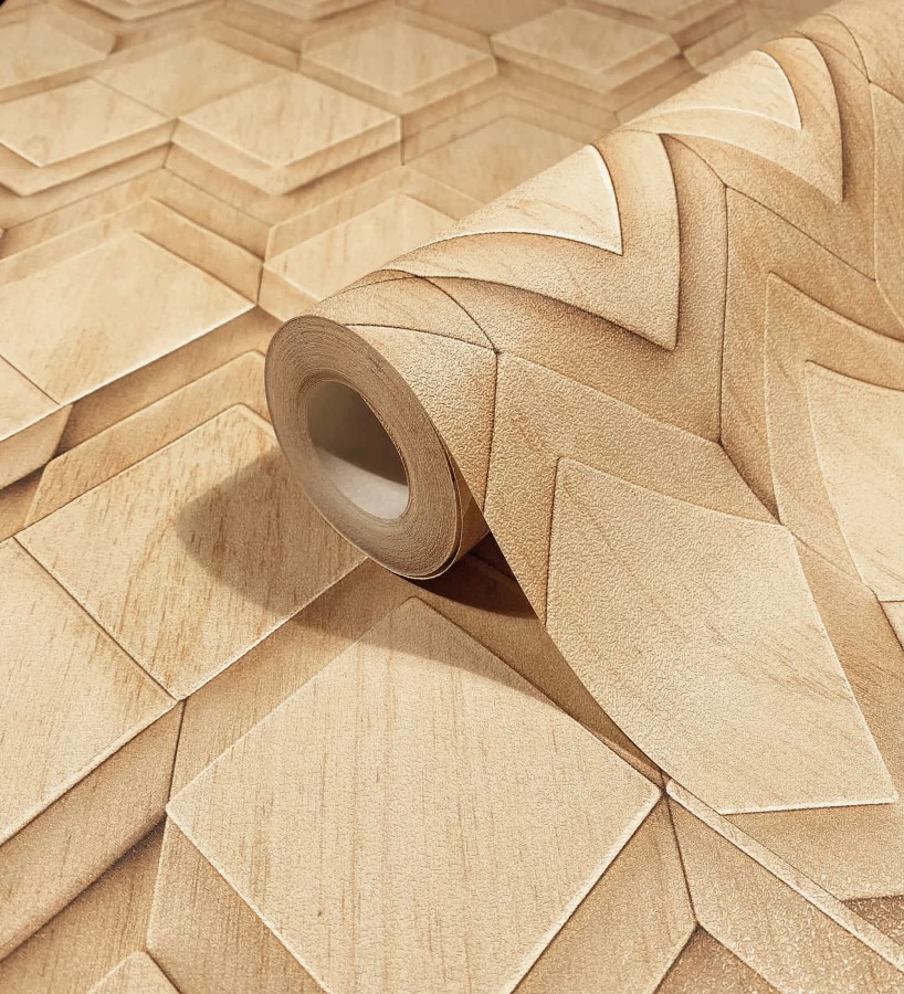 Papel pintado rombos de madera roble natural efecto escultórico 3D  Marcus Facet 685260