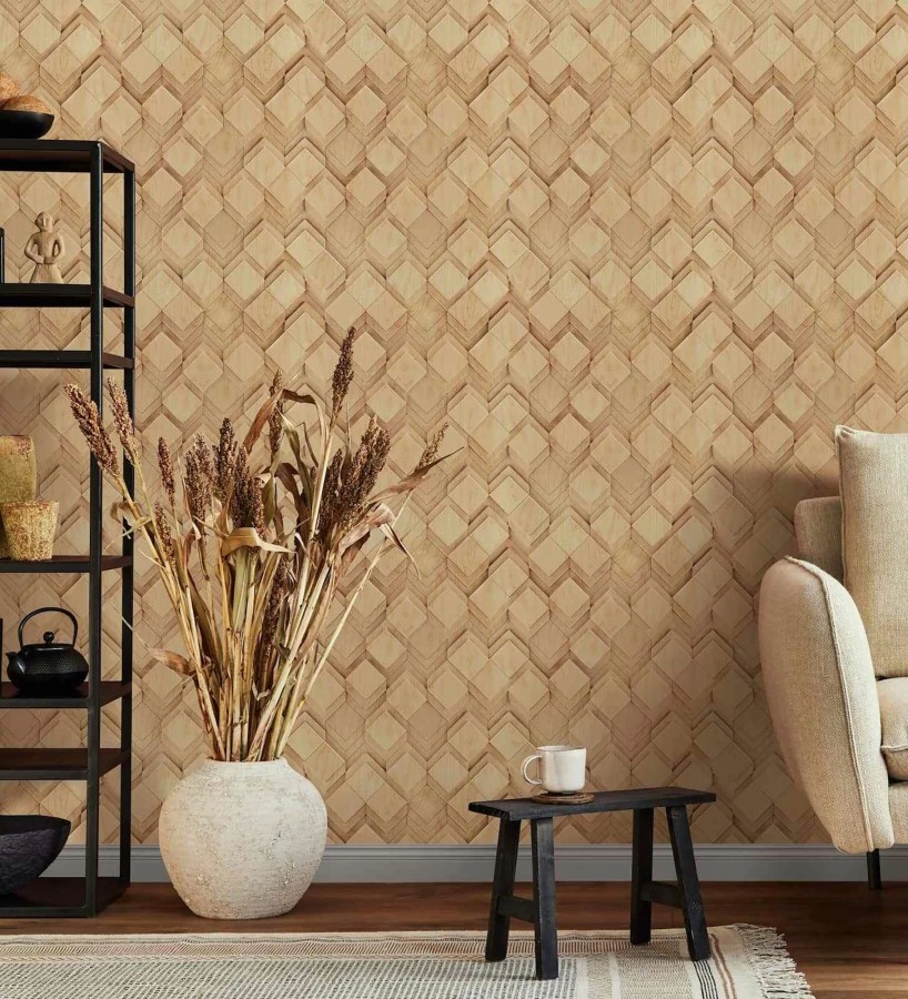 Papel pintado rombos de madera roble natural efecto escultórico 3D  Marcus Facet 685260