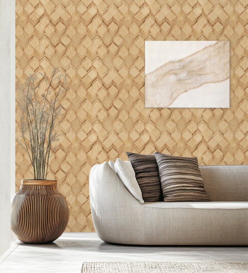 Papel pintado rombos de madera roble natural efecto escultórico 3D  Marcus Facet 685260