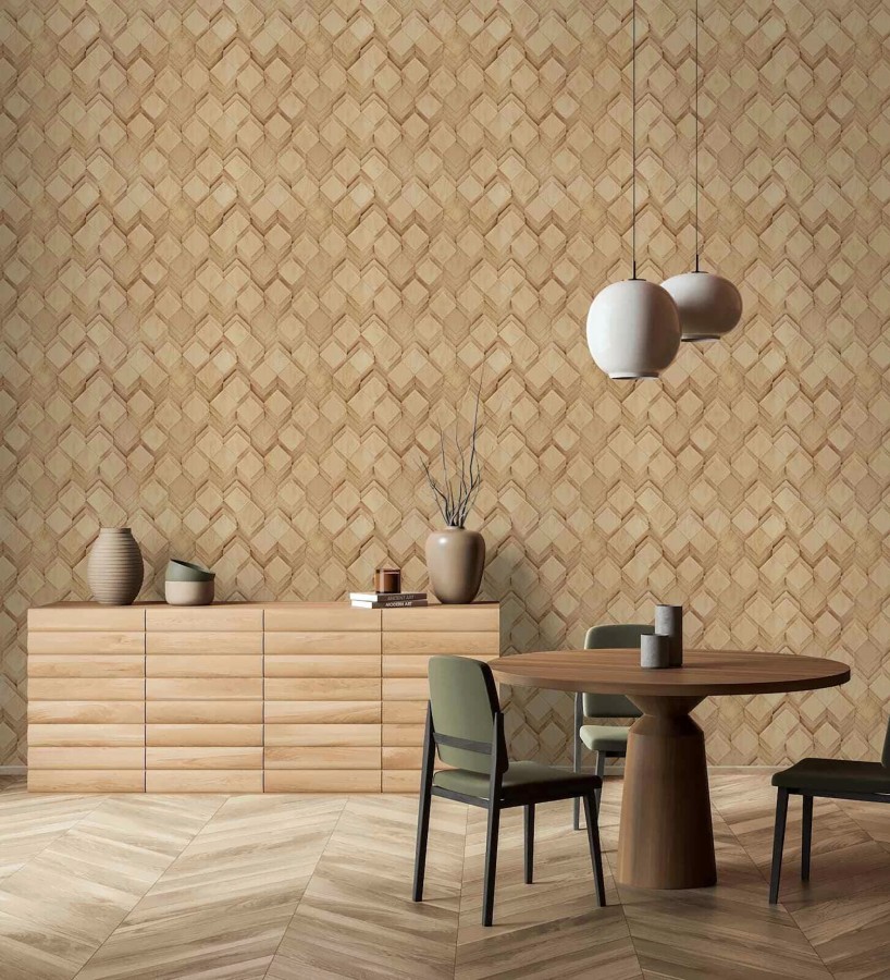 Papel pintado rombos de madera roble natural efecto escultórico 3D  Marcus Facet 685260