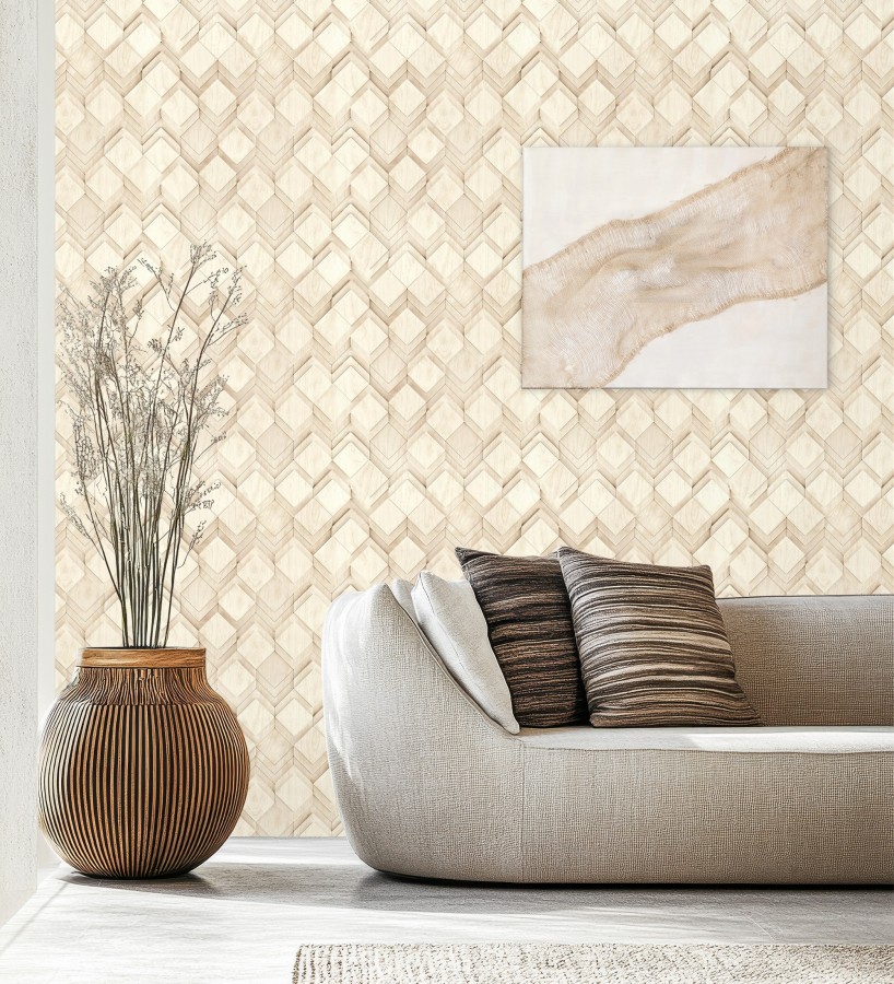 Papel pintado rombos de madera haya cálida efecto escultórico 3D  Marcus Facet 685261