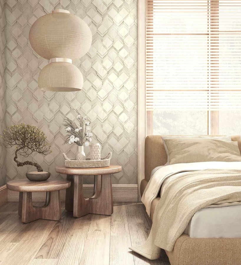 Papel pintado rombos de madera fresno claro efecto escultórico 3D  Marcus Facet 685262