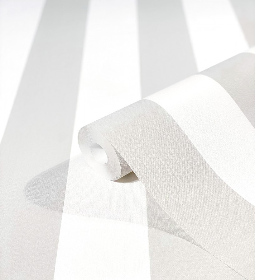 Papel pintado de rayas grises y blanca textura textil suave  Soren Stripe 685271