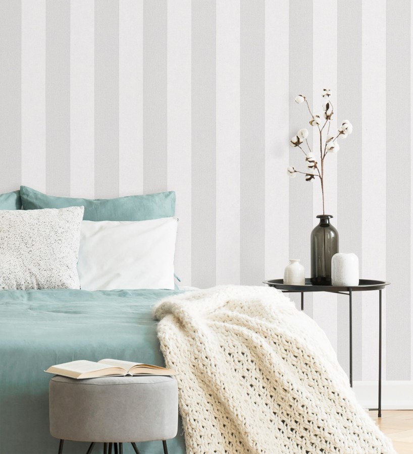 Papel pintado de rayas grises y blanca textura textil suave  Soren Stripe 685271