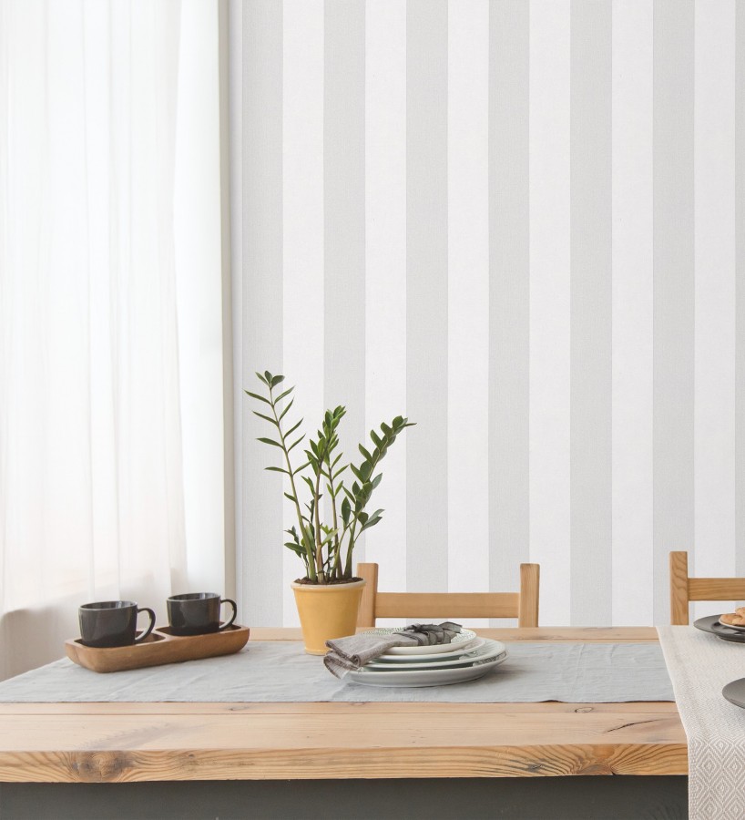 Papel pintado de rayas grises y blanca textura textil suave  Soren Stripe 685271