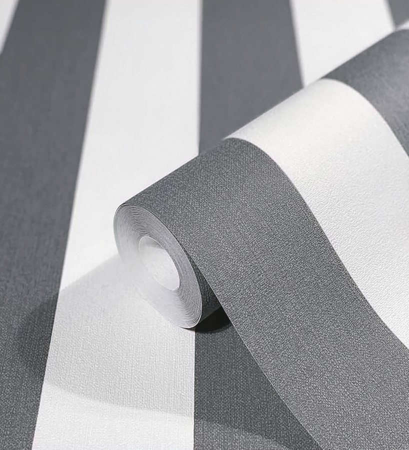 Papel pintado de rayas negras y blanca textura textil suave  Soren Stripe 685272