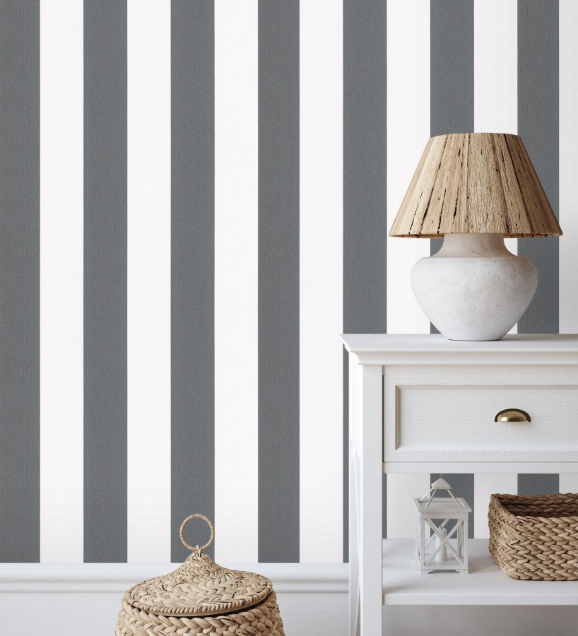 Papel pintado de rayas negras y blanca textura textil suave  Soren Stripe 685272