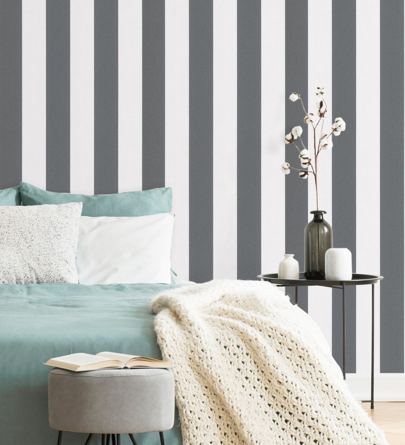 Papel pintado de rayas negras y blanca textura textil suave  Soren Stripe 685272