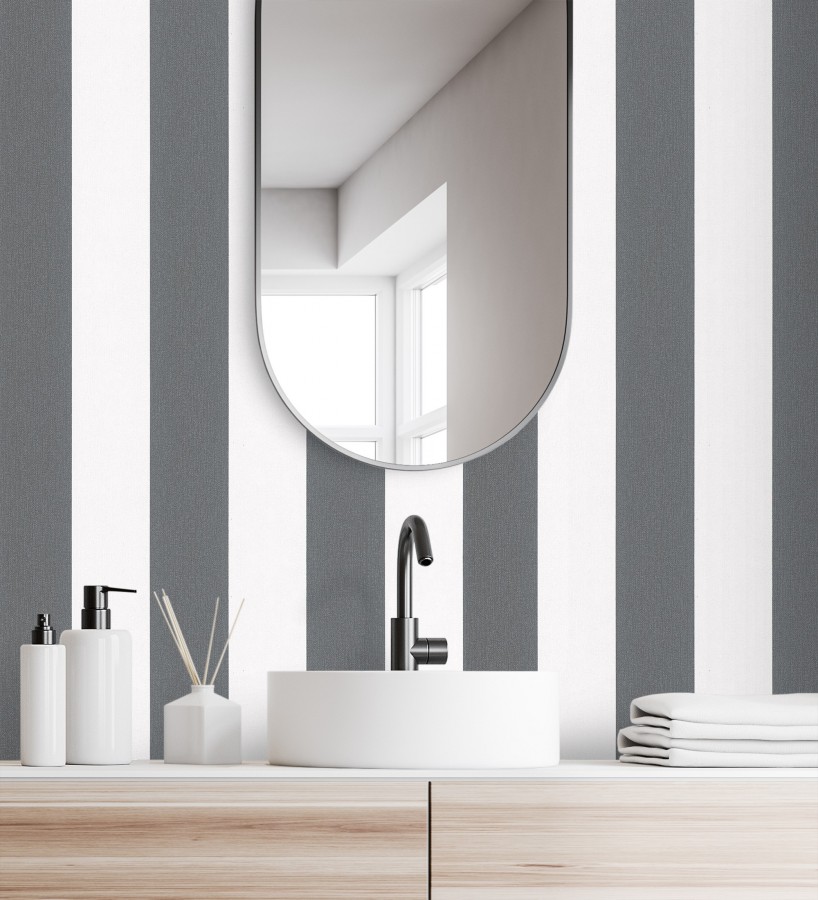 Papel pintado de rayas negras y blanca textura textil suave  Soren Stripe 685272