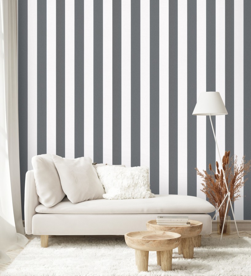 Papel pintado de rayas negras y blanca textura textil suave  Soren Stripe 685272