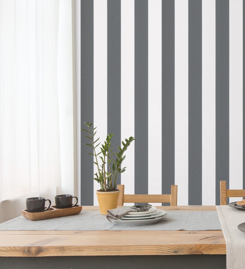 Papel pintado de rayas negras y blanca textura textil suave  Soren Stripe 685272