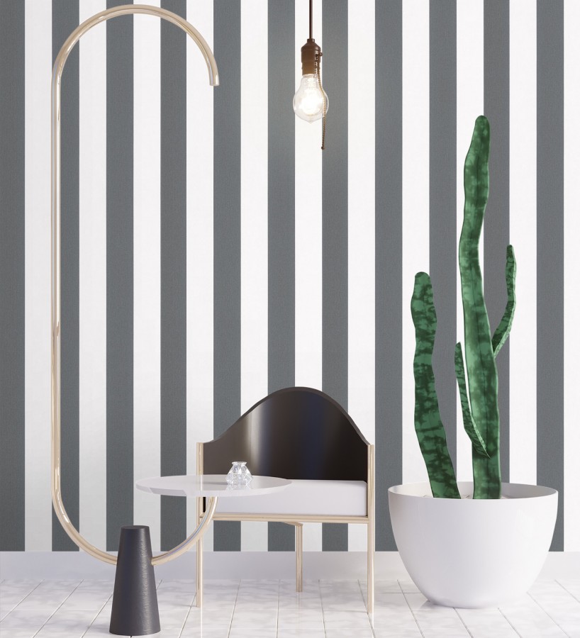 Papel pintado de rayas negras y blanca textura textil suave  Soren Stripe 685272